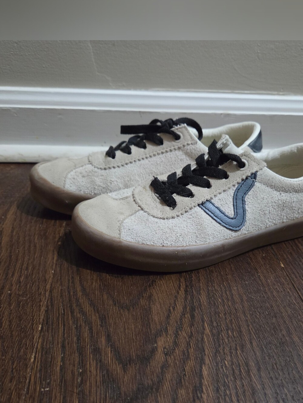 Vans Suede Lace-Up Sneakers in Cream with Black And Blue Accent